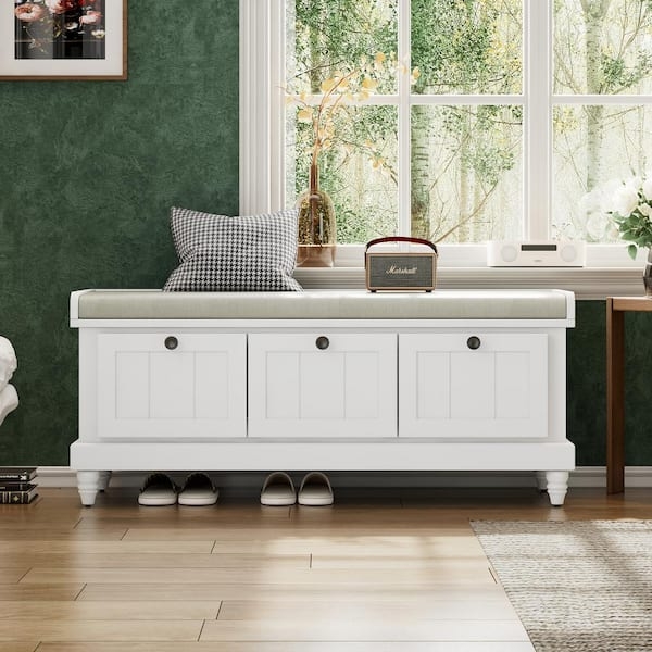 Storage Bench White Three Drawers Turned Feet Shaker Style