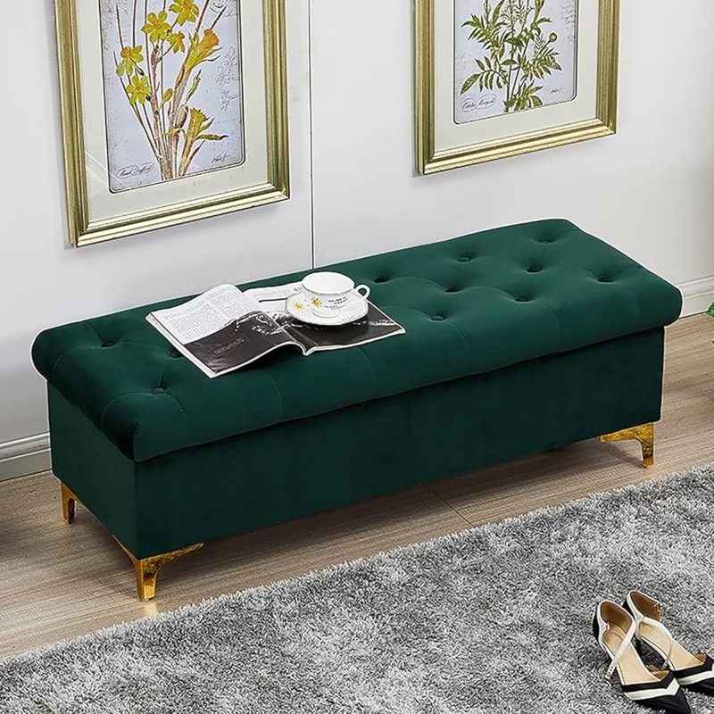 Storage Bench with Deep Button Tufting & Gold-Finished Legs