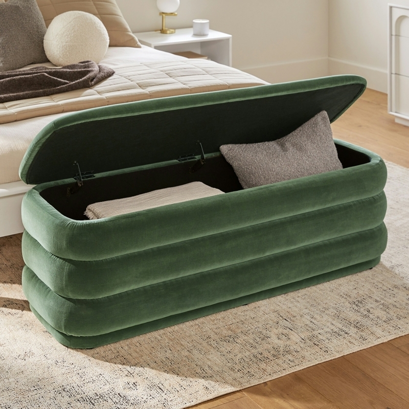 Storage Bench with Three Tiered Base & Forest Green Velvet