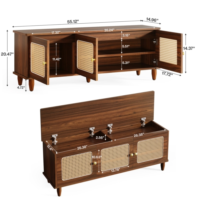 Storage Bench with Woven Cane Doors and Lift Top Compartment
