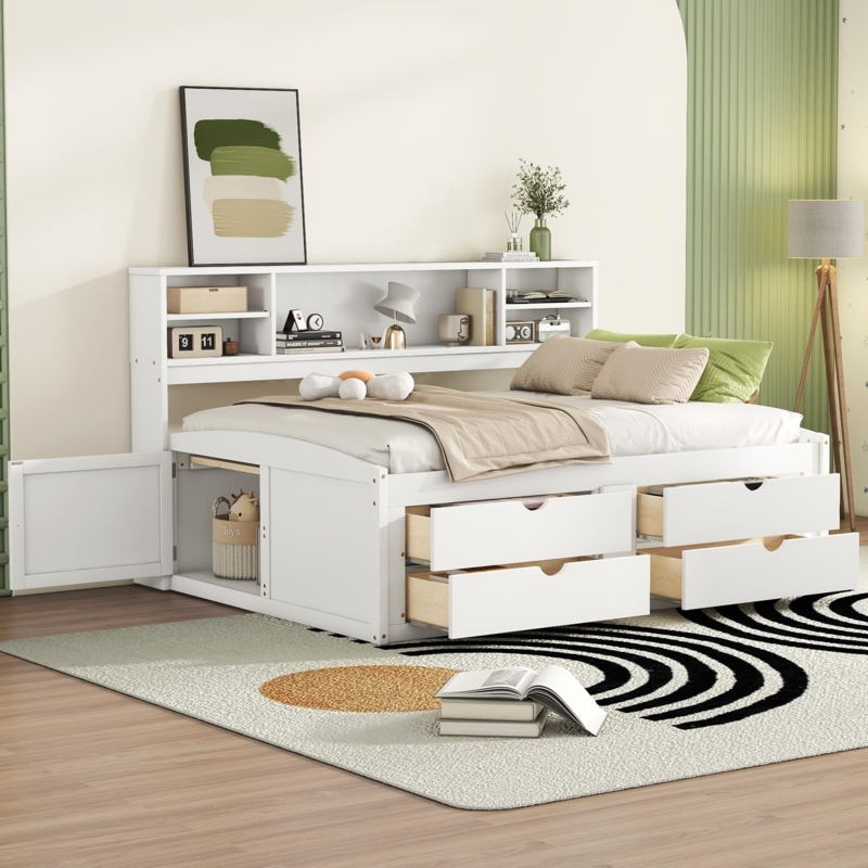 Storage Daybed with Integrated Hutch Shelving and Side Cabinets