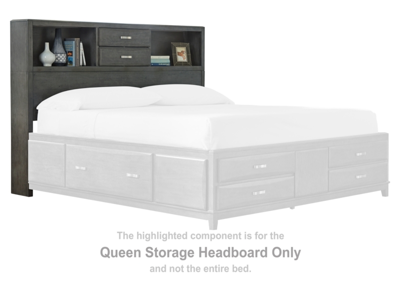 Storage Headboard Charcoal Finish with Integrated Drawers and Cubbies
