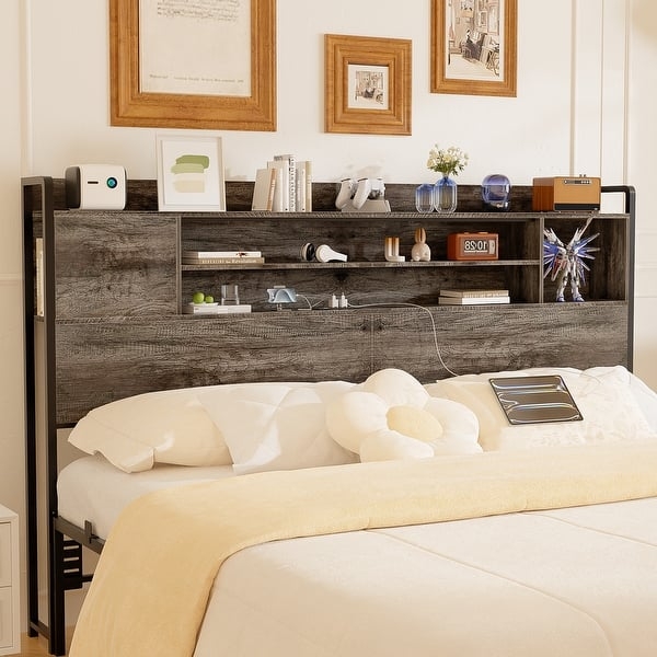 Storage Headboard Industrial Built-In Charging Multi-Tier Shelving