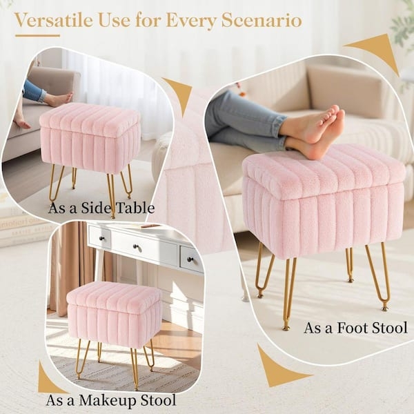 Storage Ottoman Pink Faux Fur Ribbed Gold Hairpin Legs