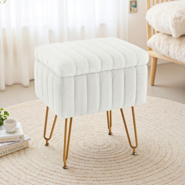 Storage Ottoman White Faux Fur Gold Hairpin Legs Channel Tufted Chic