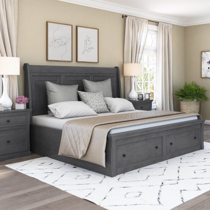 Storage Platform Bed Deep Charcoal Finish Paneled Headboard Frame