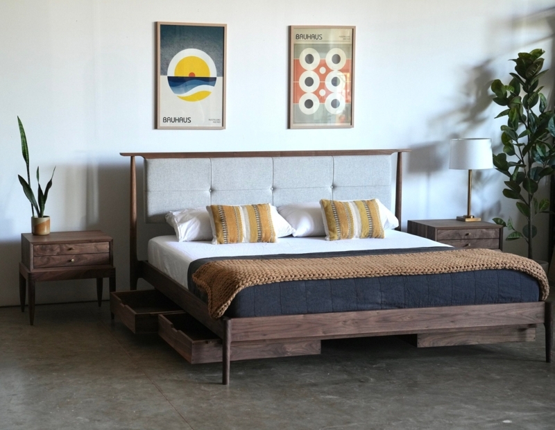 Storage Platform Bed Gray Tufted Headboard Wood Tone Drawers MCM