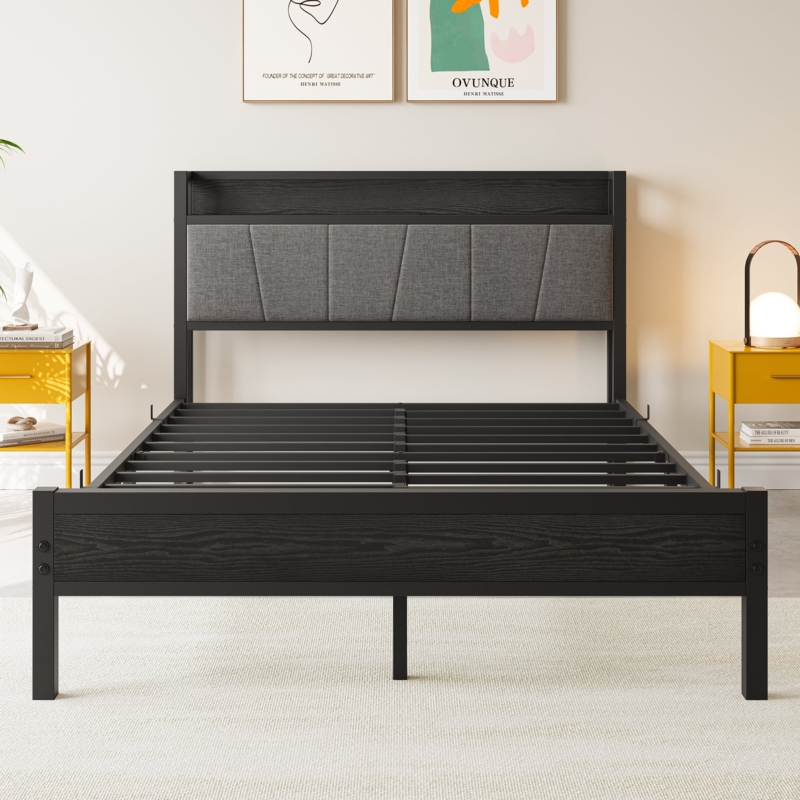 Storage Platform Bed Metal Headboard Charging Station Industrial