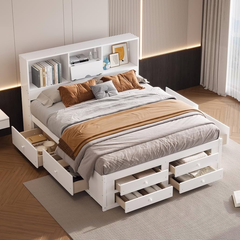 Storage Platform Bed with Bookcase Headboard and Eight Drawers