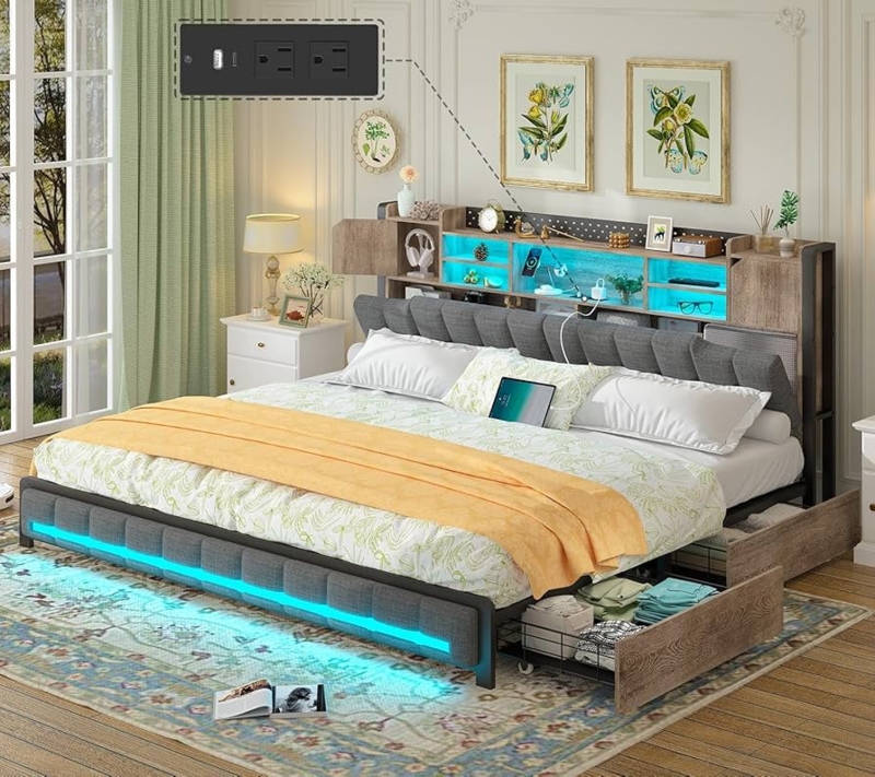Storage Platform Bed with LED Bookcase Headboard and Charging Station