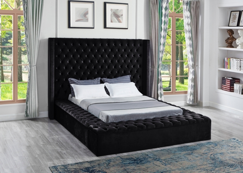 Storage Upholstered Bed Black Deep Button Tufting Wingback Silhouette