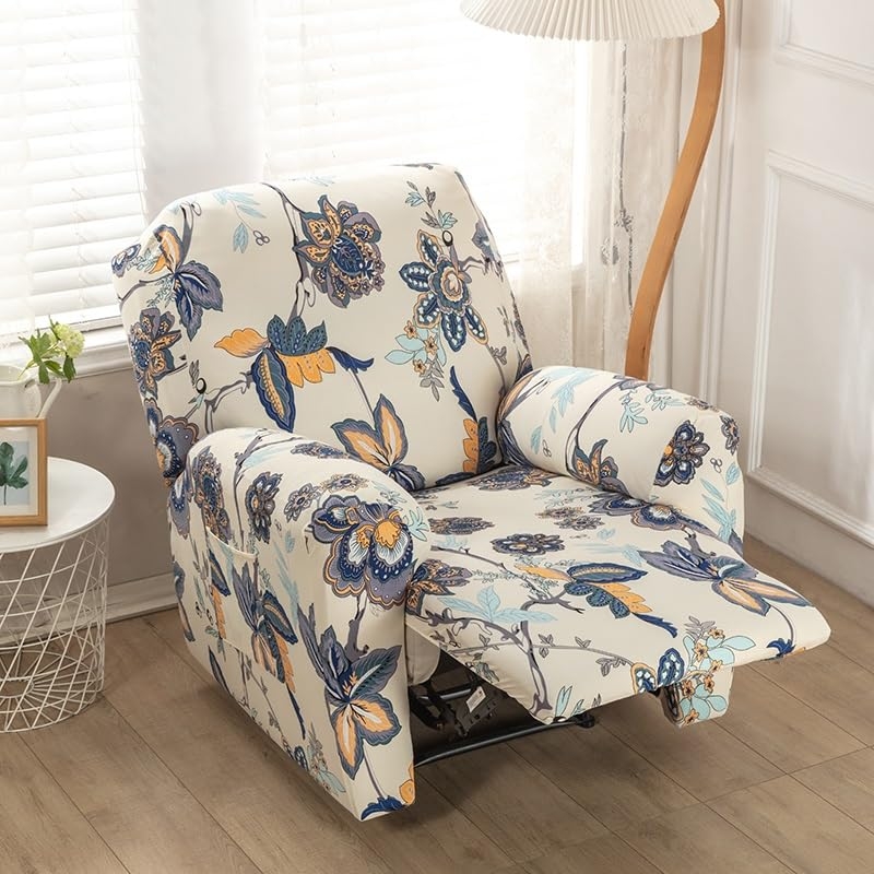 Stretch Recliner Cover with Coastal Botanical Print and Pocket