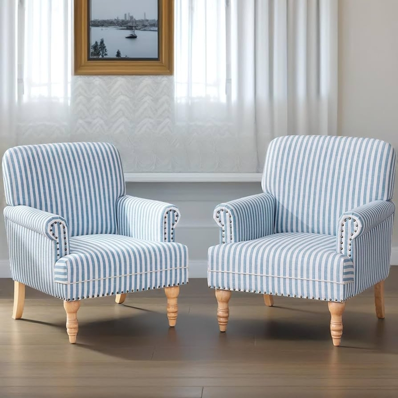 Striped Accent Chairs Pair, Nailhead Trim, Turned Legs
