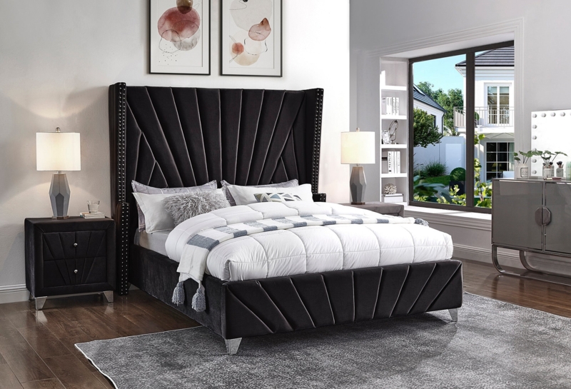 Sunburst Headboard Bed with Velvet Channel Tufting