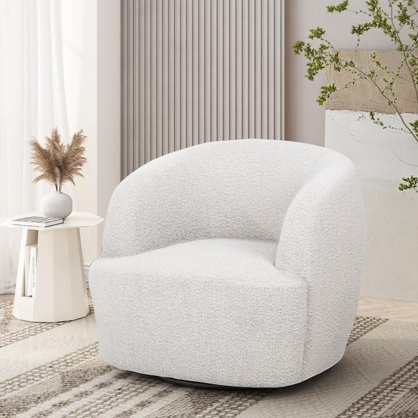 Swivel Accent Chair Armless Curved Barrel White Boucle Texture Minimalist