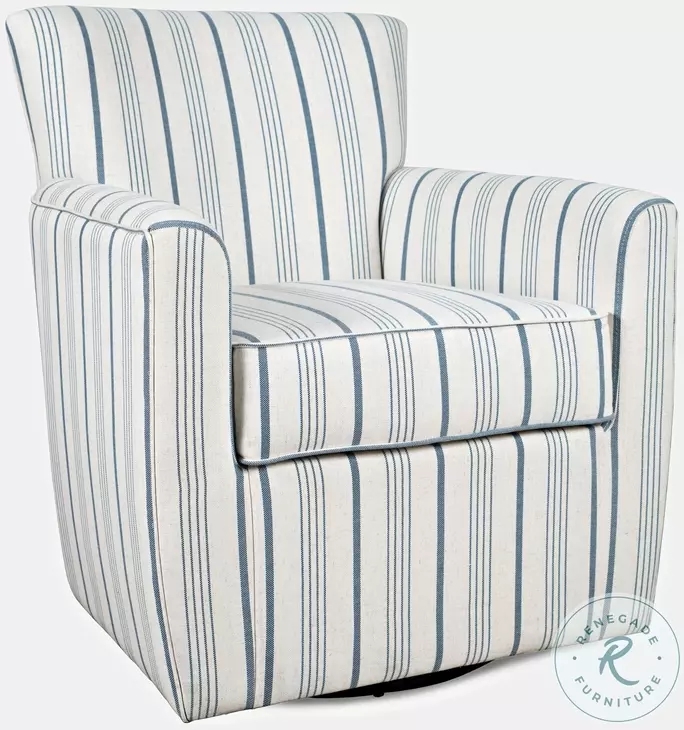 Swivel Accent Chair Blue Striped with Piped Edges