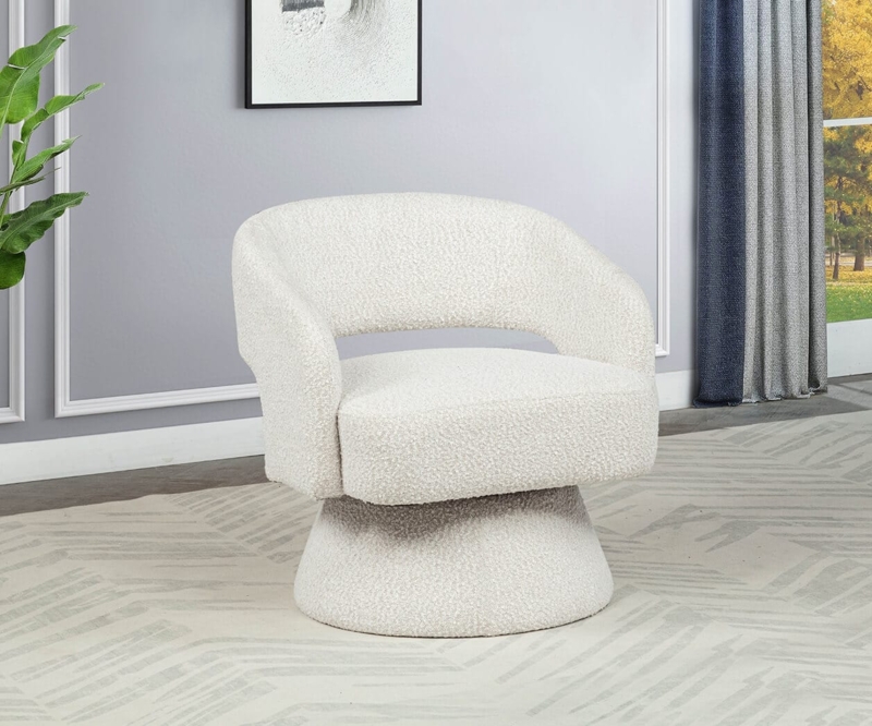 Swivel Accent Chair: Boucle with Unique Open Back Barrel Design