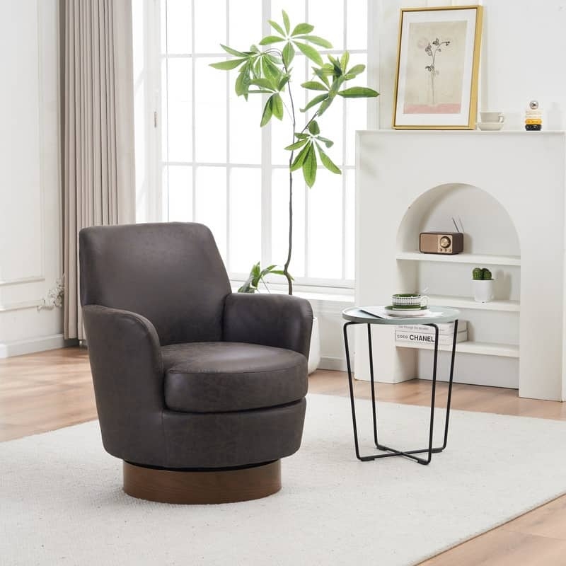 Swivel Accent Chair, Charcoal Grey Leather-Like, Wood Toned Base