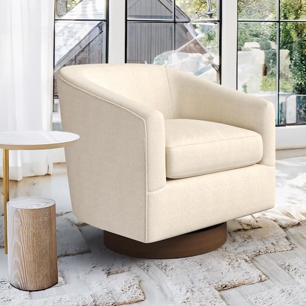 Swivel Accent Chair, Cream Linen-Like Fabric, Solid Wood Base