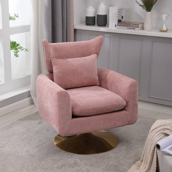 Swivel Accent Chair Flared Wingback Gold Pedestal Base Dusty Pink