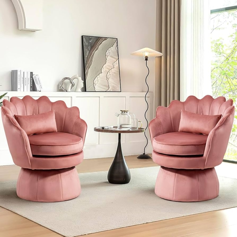 Swivel Accent Chair Rose Pink Velvet Scalloped Back Glam Style