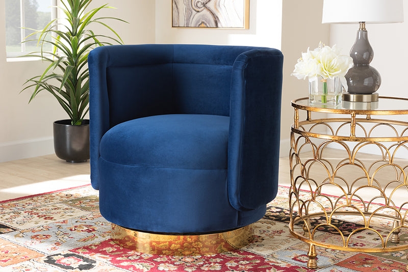 Swivel Accent Chair Royal Blue Velvet Gold Base Channel Tufted Glam