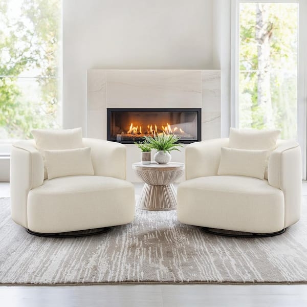 Swivel Accent Chair Set, Cream Fabric, Curved Barrel Back