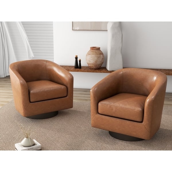 Swivel Accent Chair Set of 2, Cognac Leather-Like, Round Base