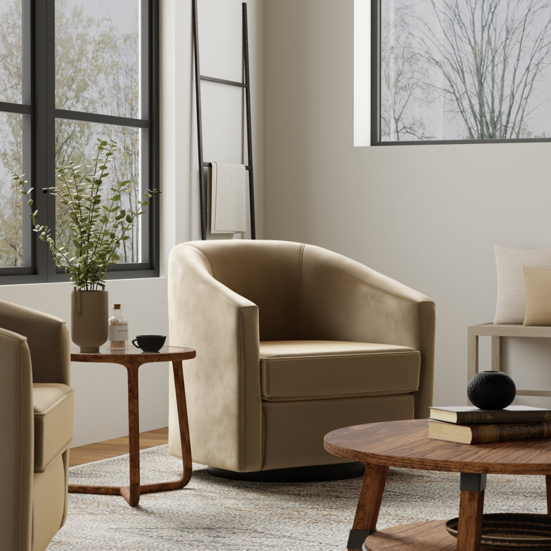 Swivel Accent Chair Square Silhouette Chocolate Brown Velvet Modern