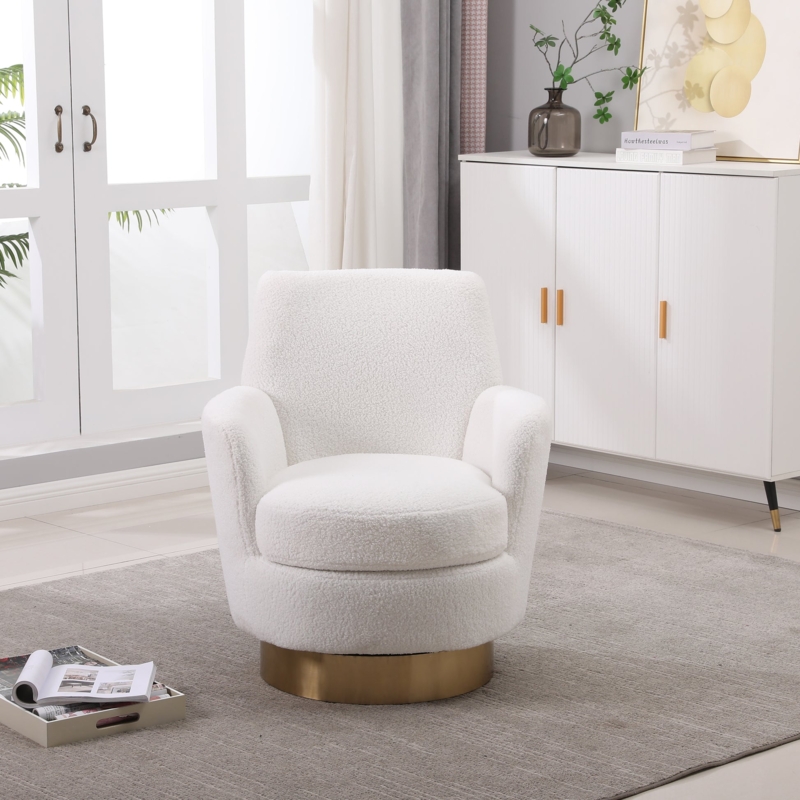 Swivel Accent Chair, White Boucle Fabric, Gold Toned Base