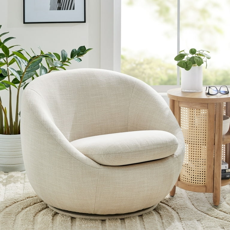 Swivel Accent Chair with Barrel Silhouette in Linen-Like Fabric