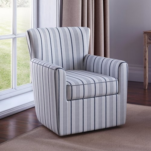 Swivel Accent Chair with Navy Stripes and Track Arms