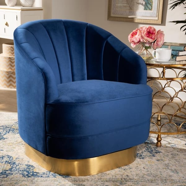 Swivel Accent Chair with Scalloped Back and Gold Plinth Base