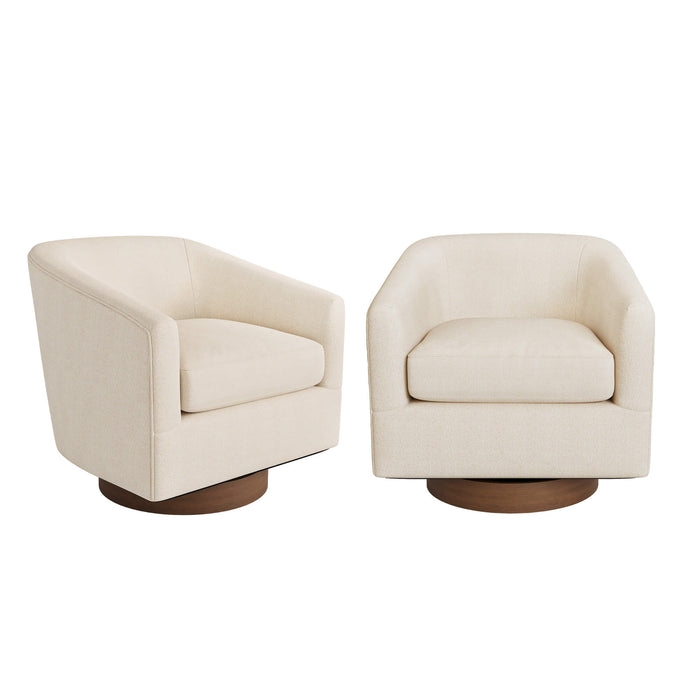 Swivel Accent Chair Wood Toned Base Barrel Back Upholstered Fabric