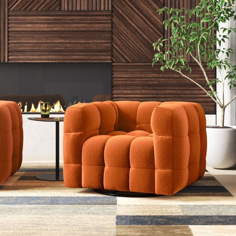 Swivel Armchair, Channeled Tufting, Burnt Orange Boucle Fabric