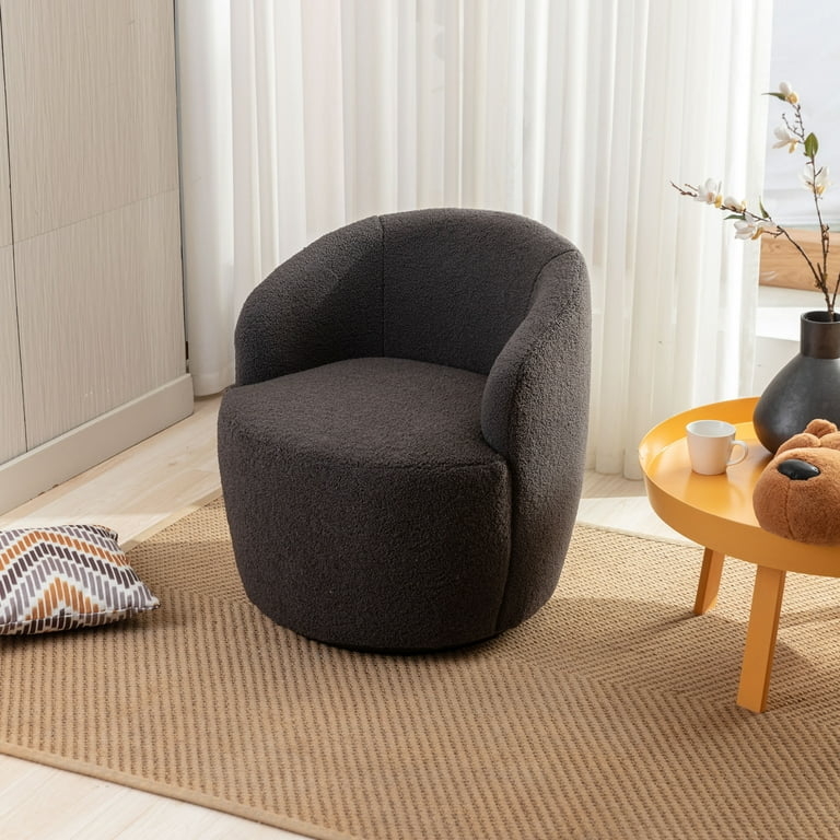 Swivel Barrel Chair, Dark Gray Boucle Texture, Cozy Sherpa Accent Chair