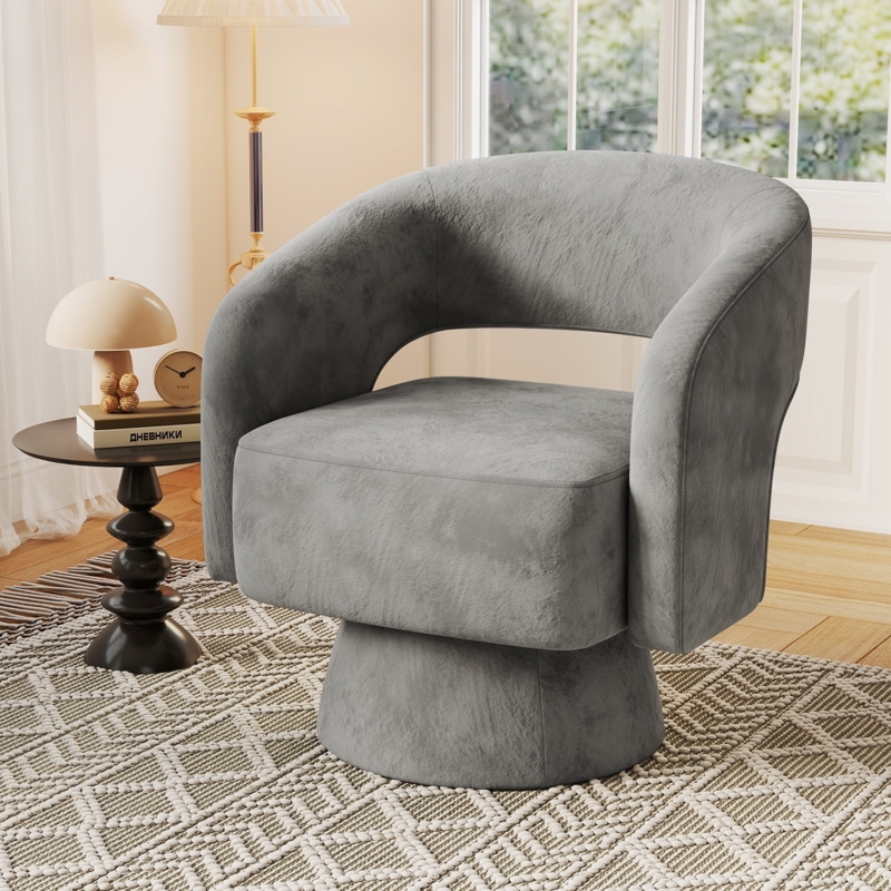 Swivel Barrel Chair Grey Velvet Cutout Back Pedestal