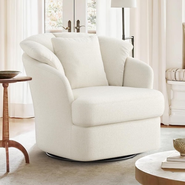 Swivel Barrel Chair, Oversized Beige Textured Fabric with Pillow