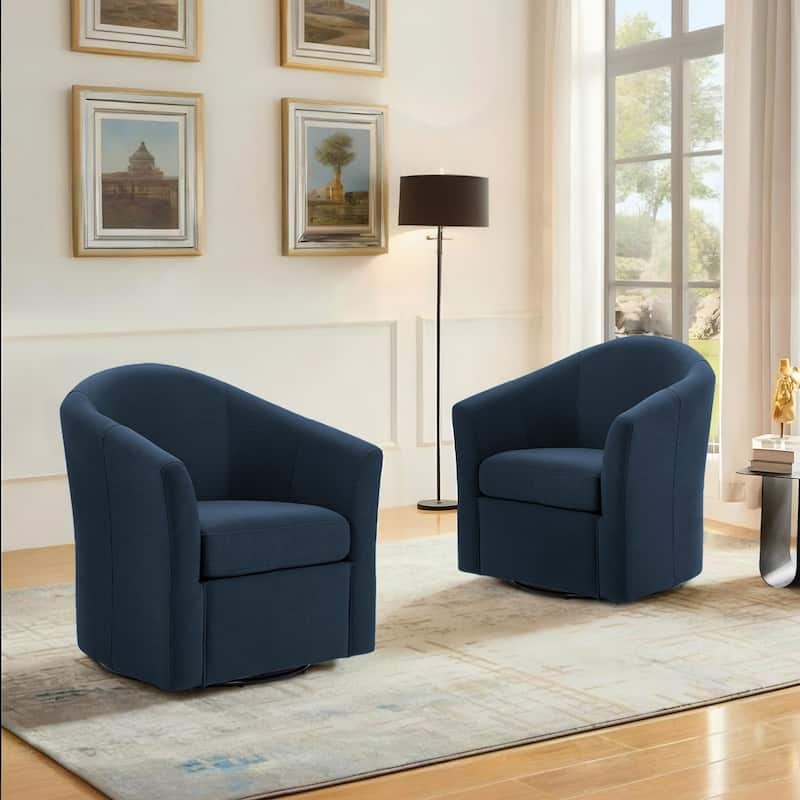 Swivel Barrel Chair Set, Navy Blue Upholstered, Curved Back