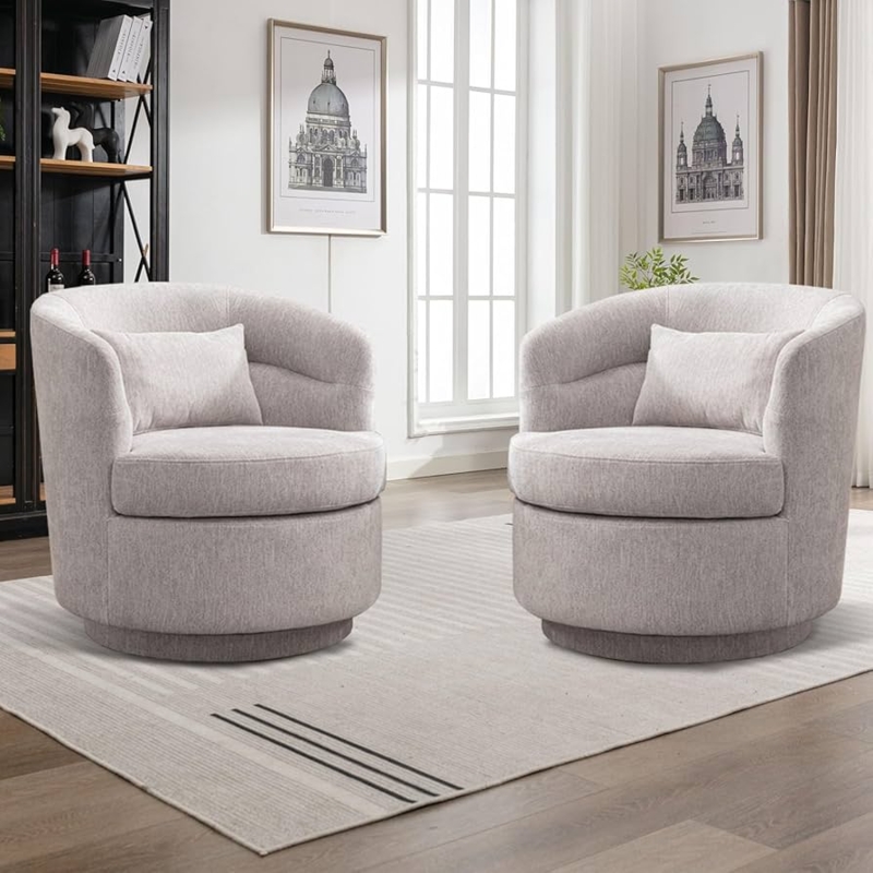 Swivel Barrel Chair Set of 2, Light Grey with Lumbar Pillows