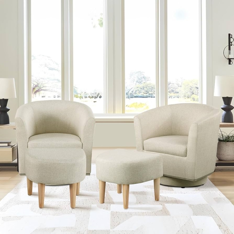 Swivel Barrel Chair Set Woven Texture with Matching Ottomans