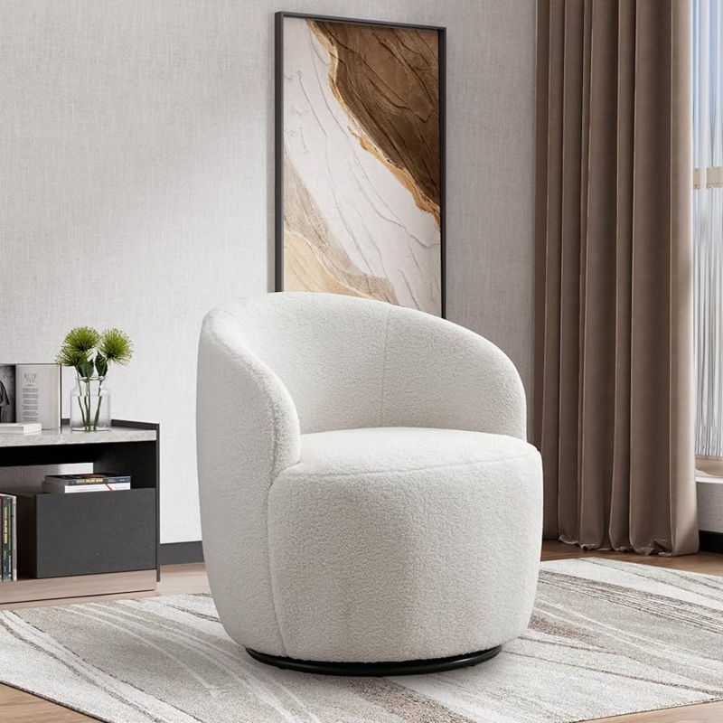 Swivel Barrel Chair White Boucle with Black Base