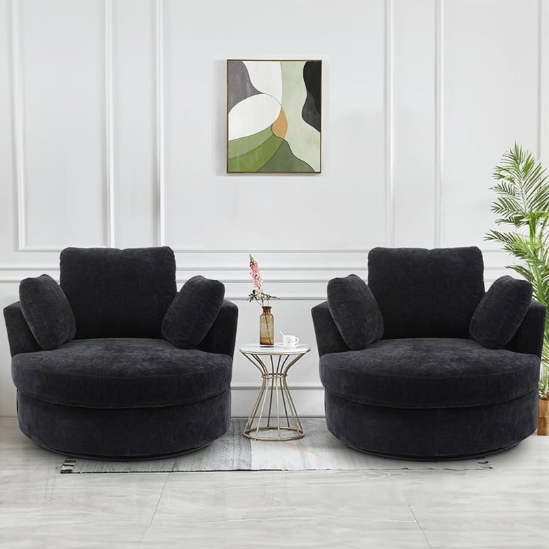 Swivel Chair Black Ribbed Chenille Circular Base