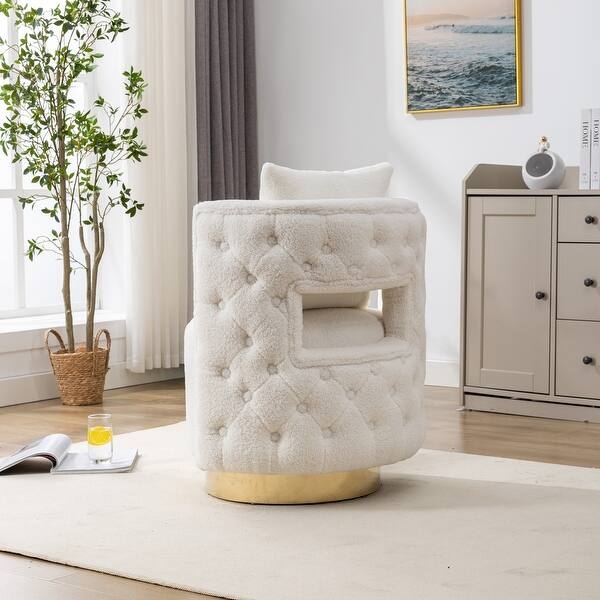 Swivel Chair Cream Boucle Cutout Back Diamond Tufting Gold Base