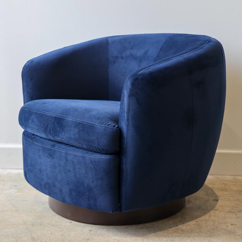 Swivel Chair, Deep Navy Velvet Tub Back with Wood Plinth Base