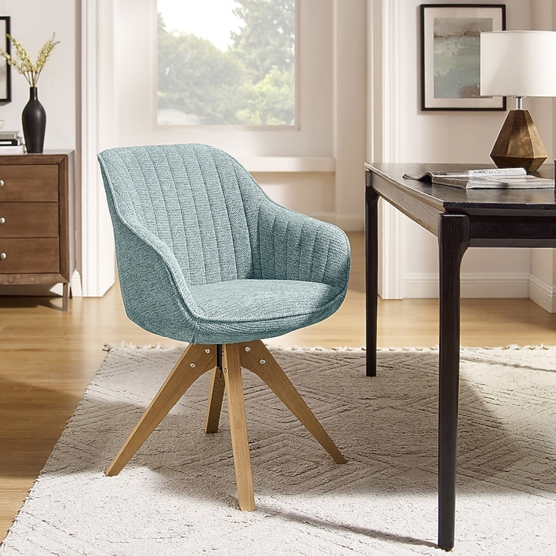 Swivel Chair, Dusty Blue Ribbed Fabric with Wood Tapered Legs
