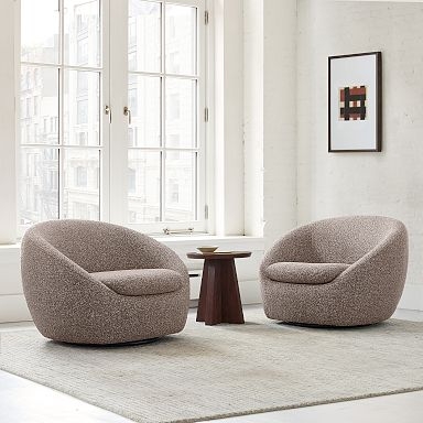 Swivel Chair, Oatmeal Boucle Fabric, Rounded Back, Cozy Modern