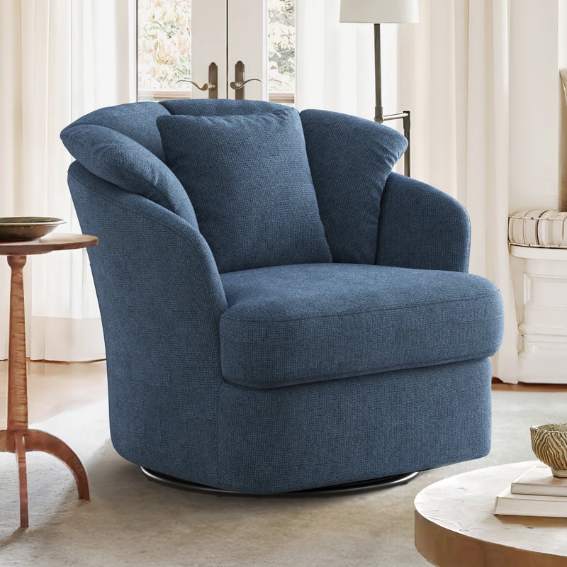 Swivel Chair, Oversized Denim Blue Fabric, Metal Ring Base