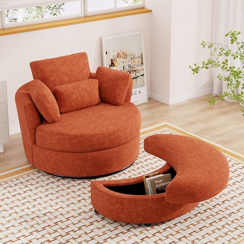 Swivel Chair Terracotta Chenille Storage Ottoman