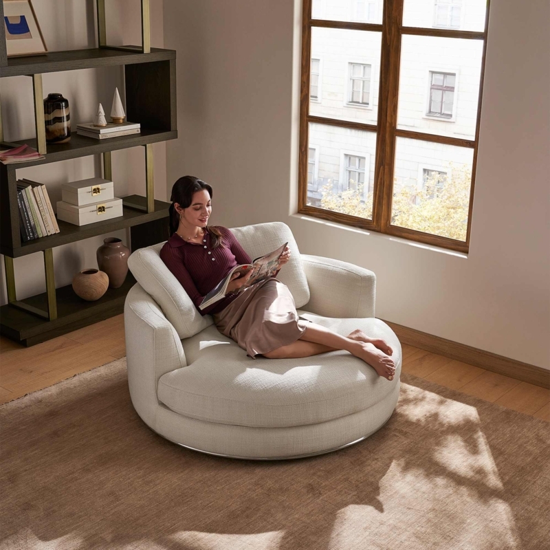 Swivel Chair White Woven Upholstery Round Circular